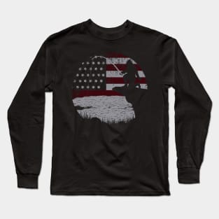 Bigfoot Fishing American Flag Long Sleeve T-Shirt
